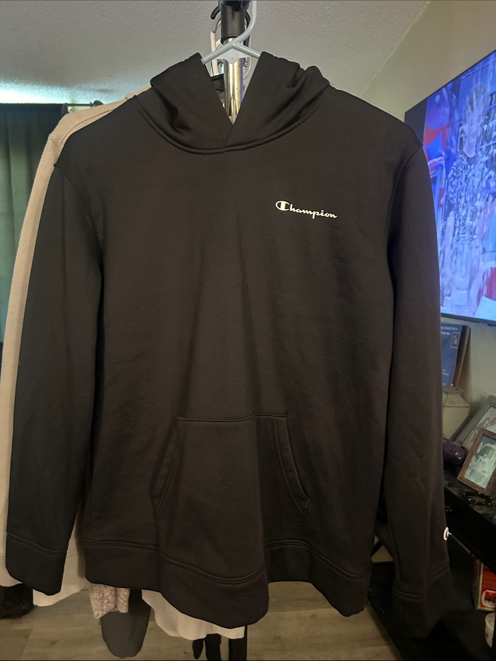Champion Men's Black Crewneck Hoodie with White Logo